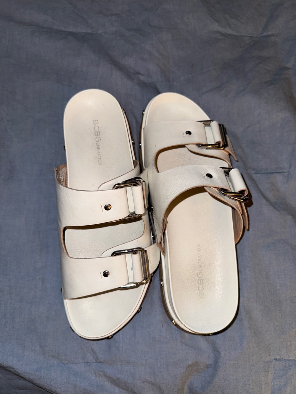 BCBGeneration White Double-Buckle Slide Sandals